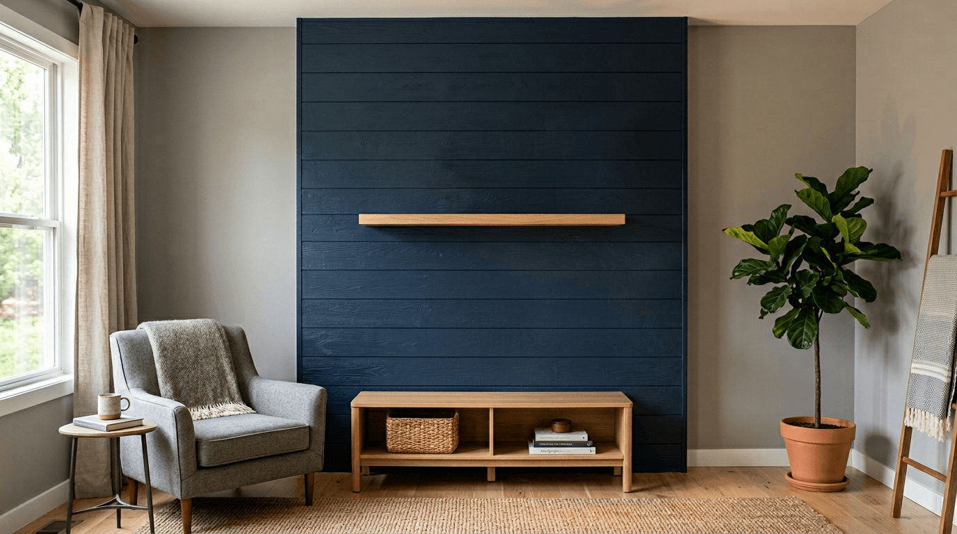 Custom wood-paneled accent wall built in Rockland County living room