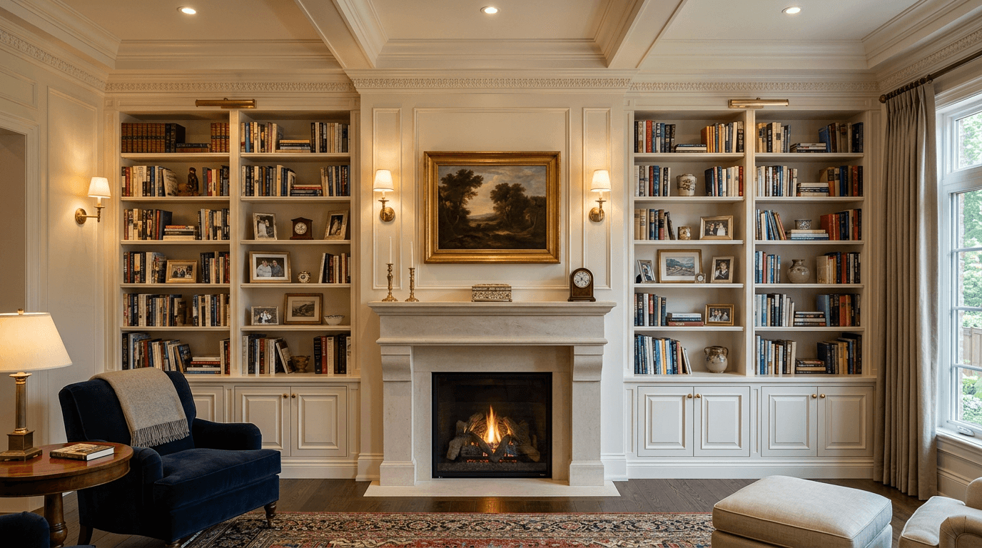 Custom built-in bookshelves added to a Rockland County family room
