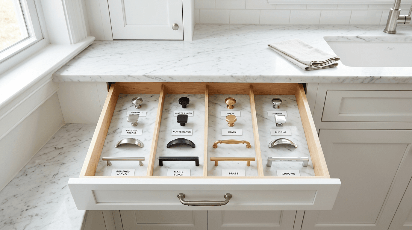 Updated brushed nickel cabinet pulls installed on Rockland County kitchen cabinets