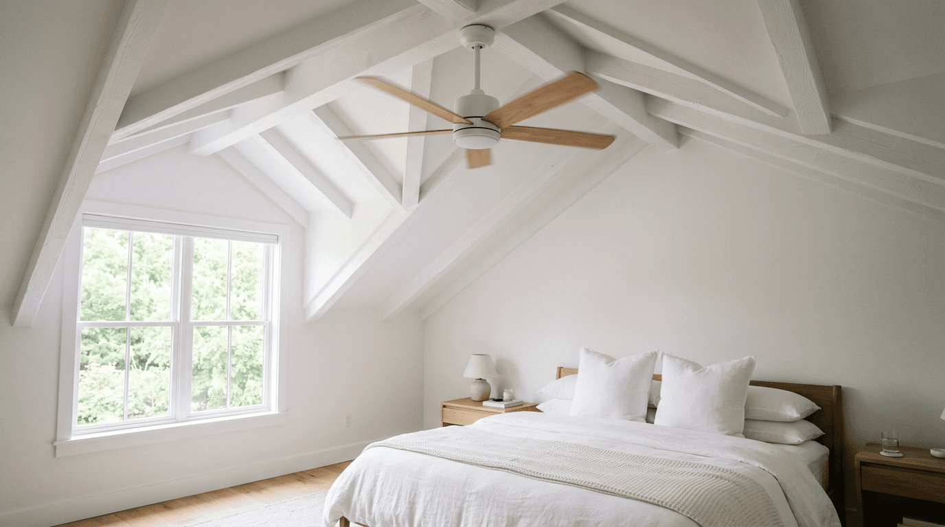 Ceiling fan being installed on bedroom ceiling by Rockland County handyman