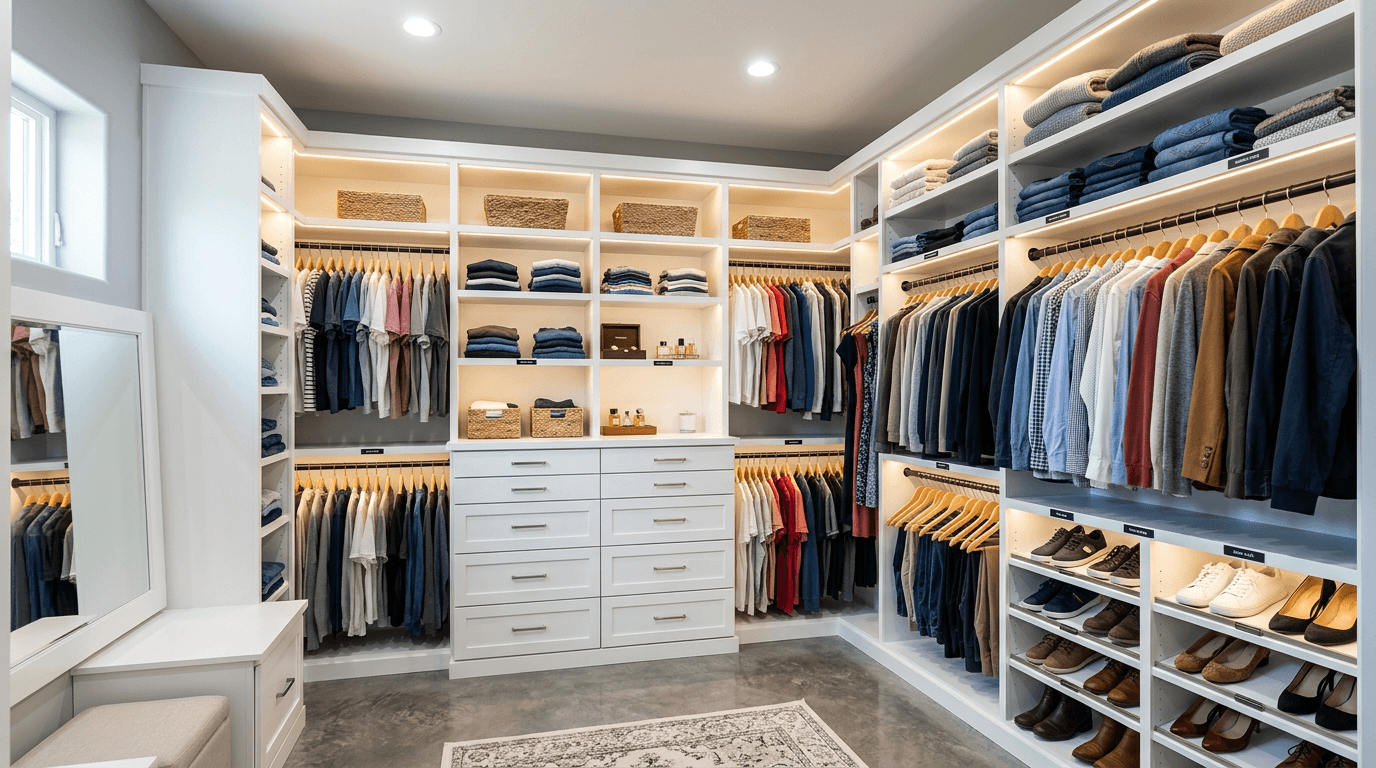Custom closet organization system installed inside a Rockland County master bedroom closet
