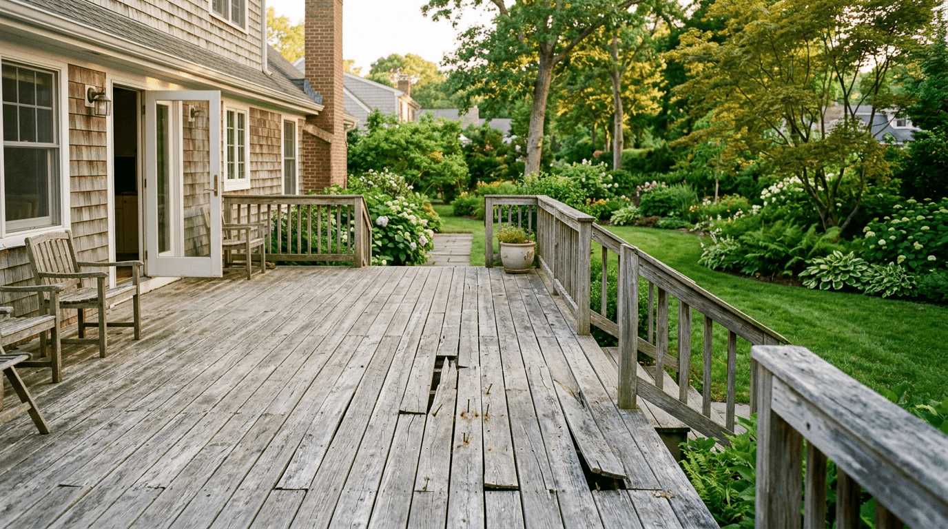 Weathered deck showing rot and a loose railing — deck repair warning signs in Rockland County