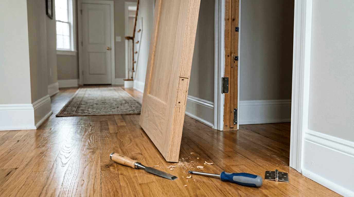New interior door being installed and aligned by a Rockland County handyman