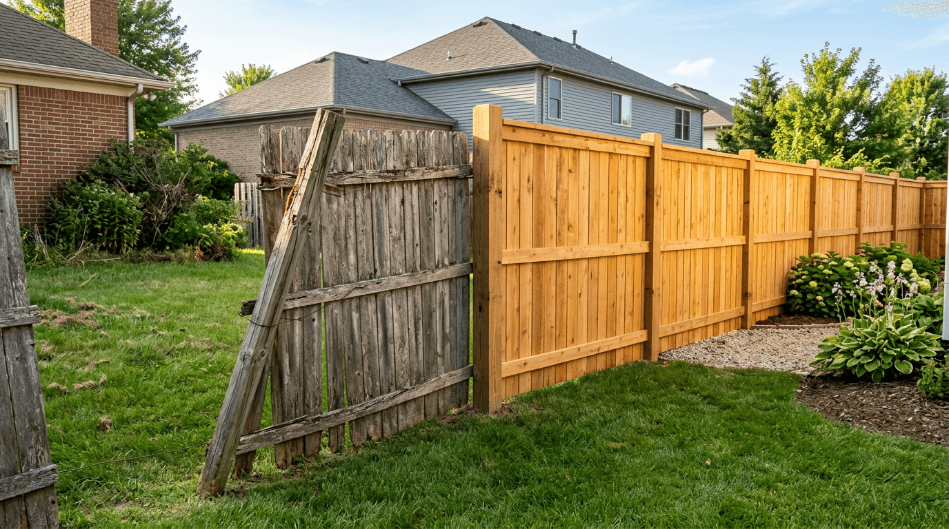 Damaged backyard wood fence section before handyman repair work