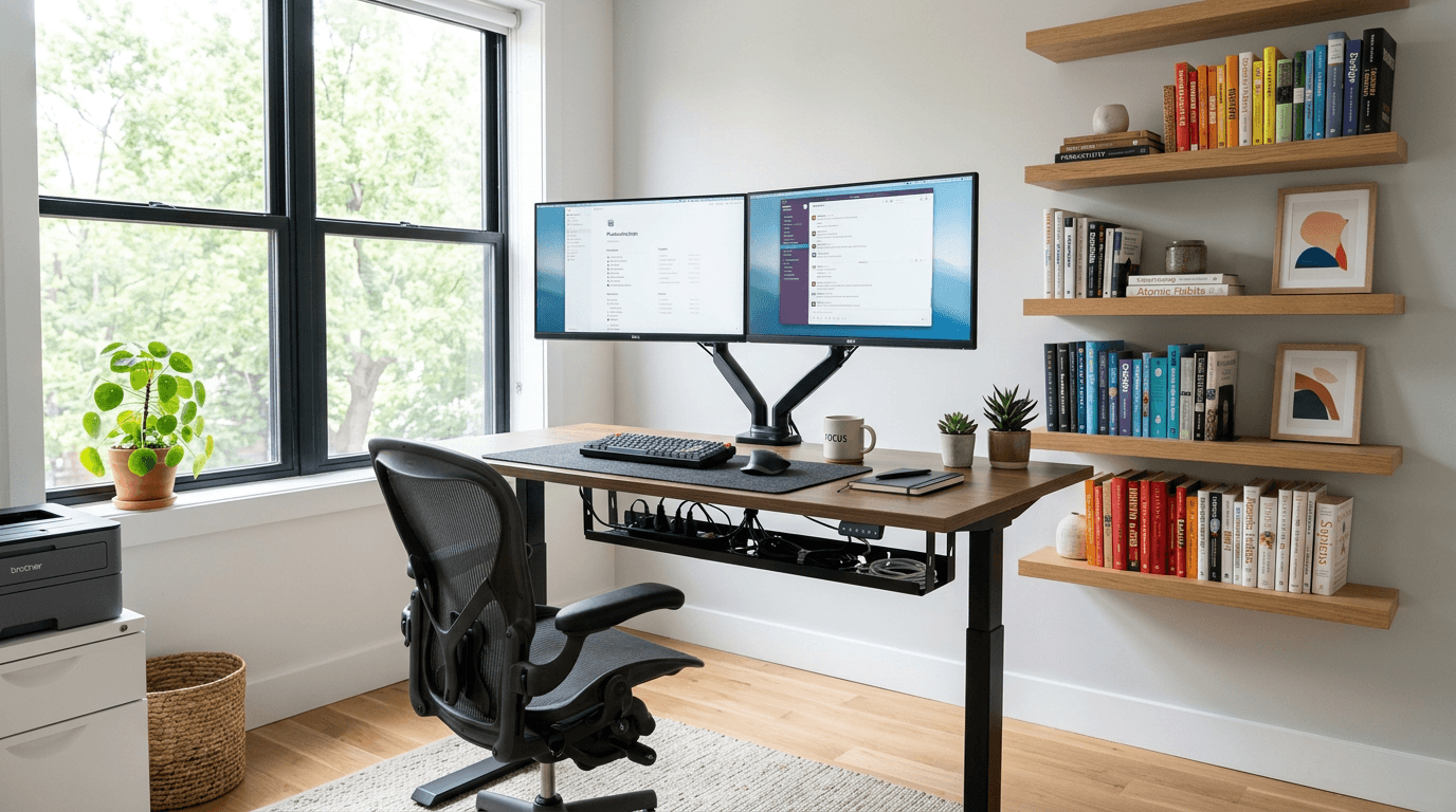Custom home office build with floating shelves and desk in Rockland County