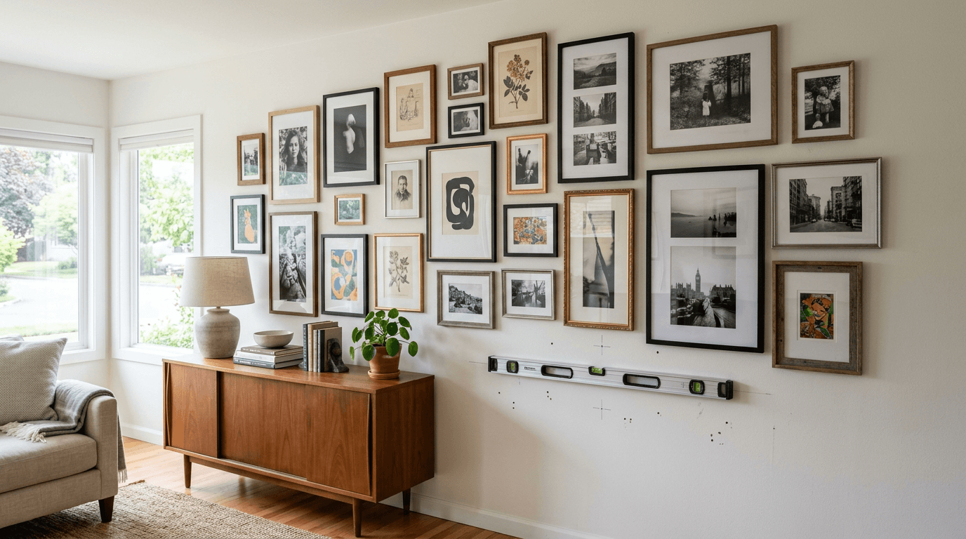 Gallery wall of framed pictures professionally hung in Rockland County home
