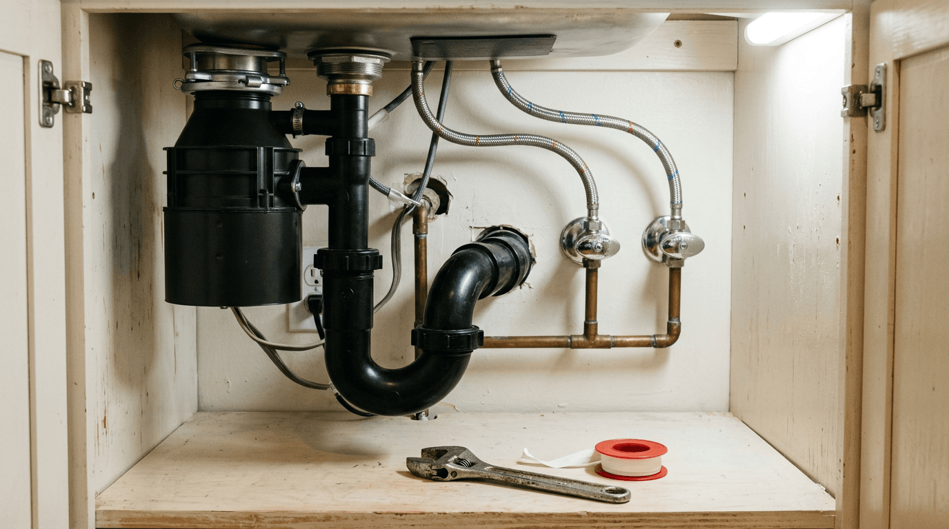 Handyman tightening leaky kitchen faucet during minor plumbing repair