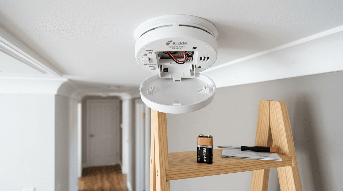 Handyman testing smoke detector battery during home safety inspection