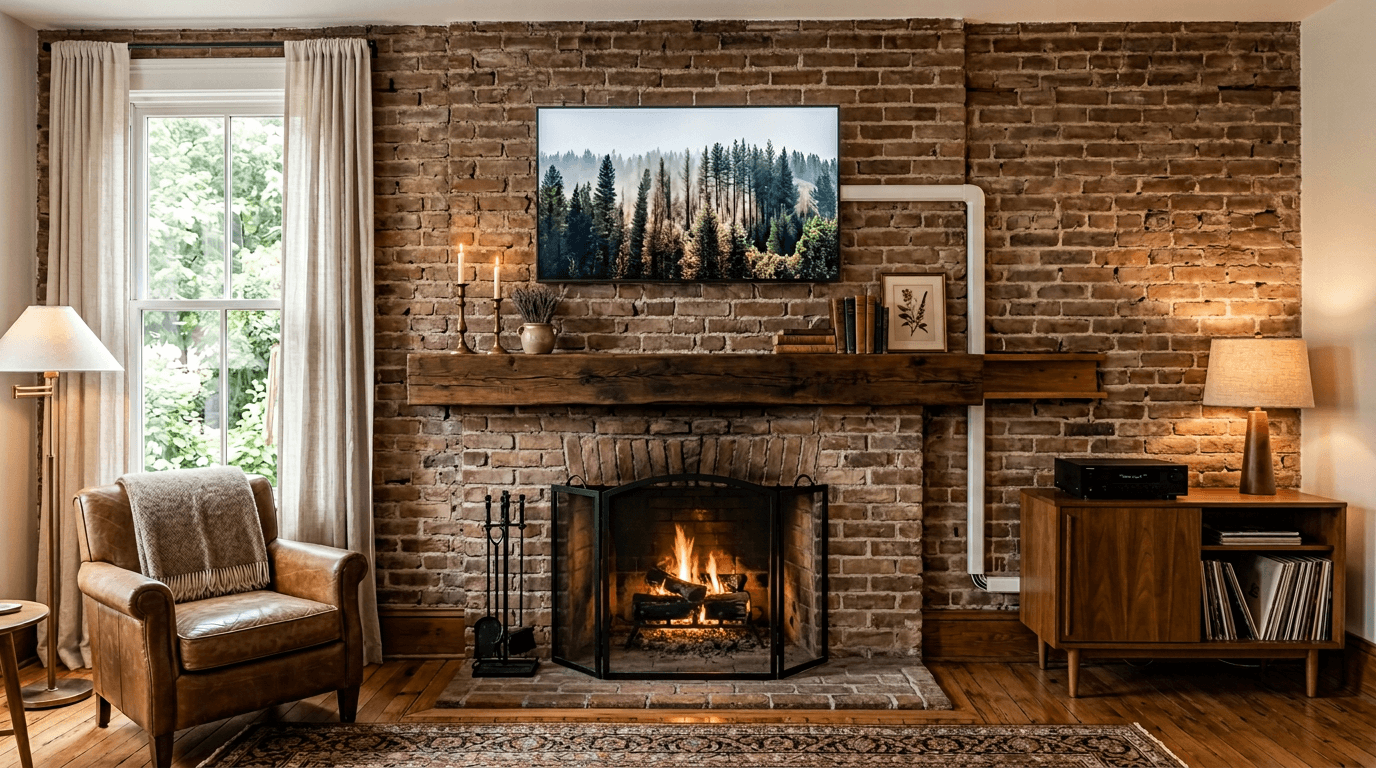 Flat-screen TV mounted on a plaster-and-lath wall in an older Rockland County home