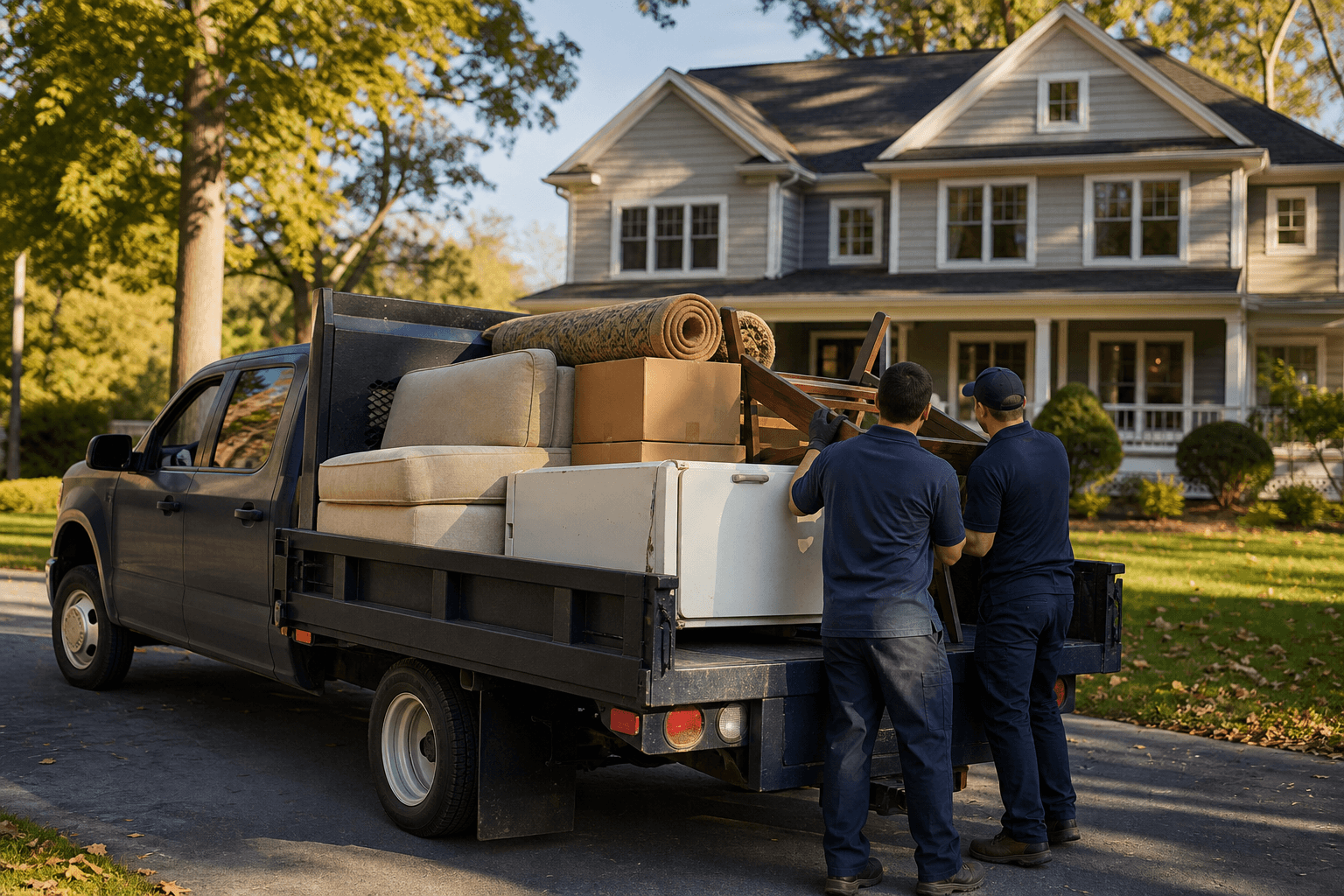 Odds & Ends crew loading a couch, refrigerator, boxes, and rug into a junk removal truck outside a Rockland County home