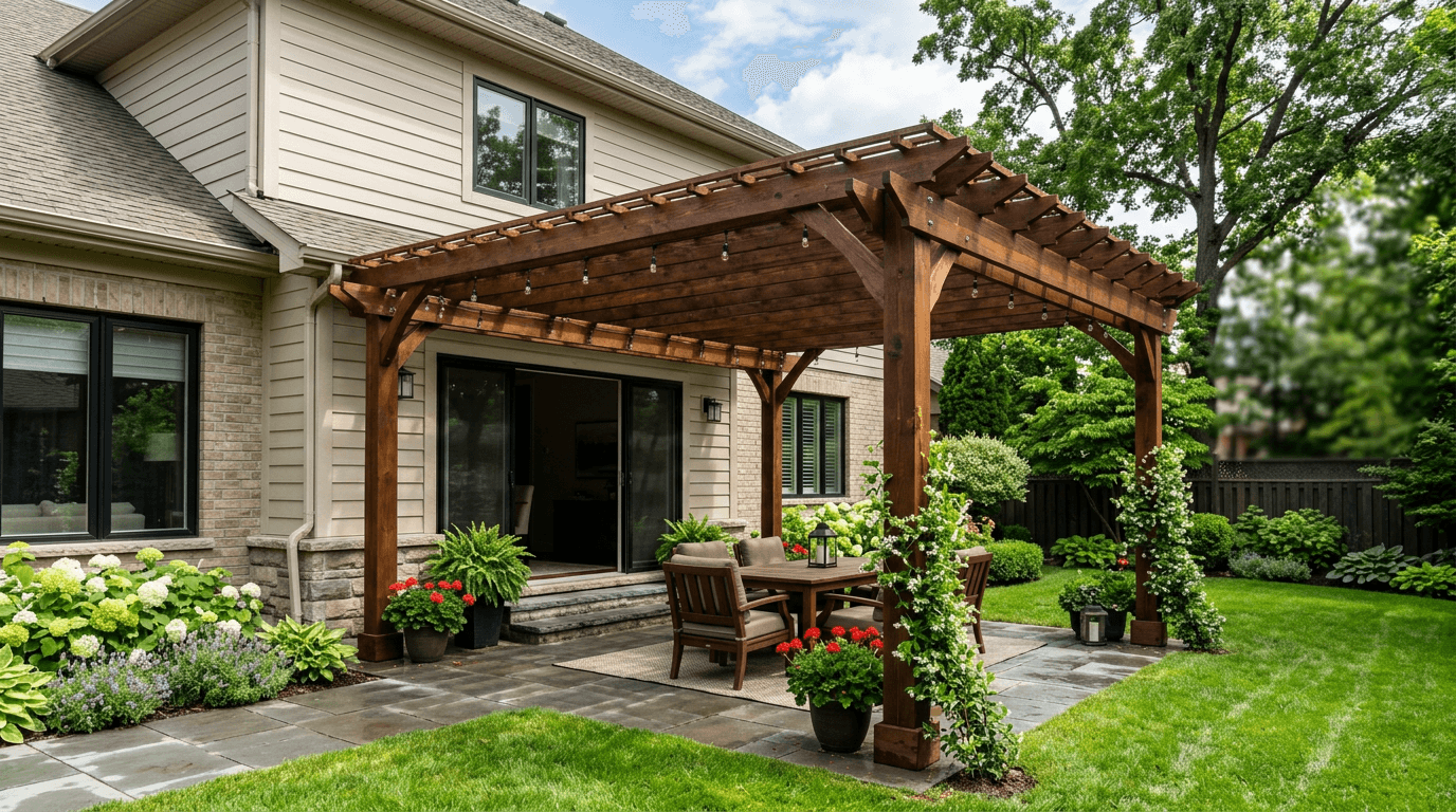 Cedar pergola built over a Rockland County backyard patio