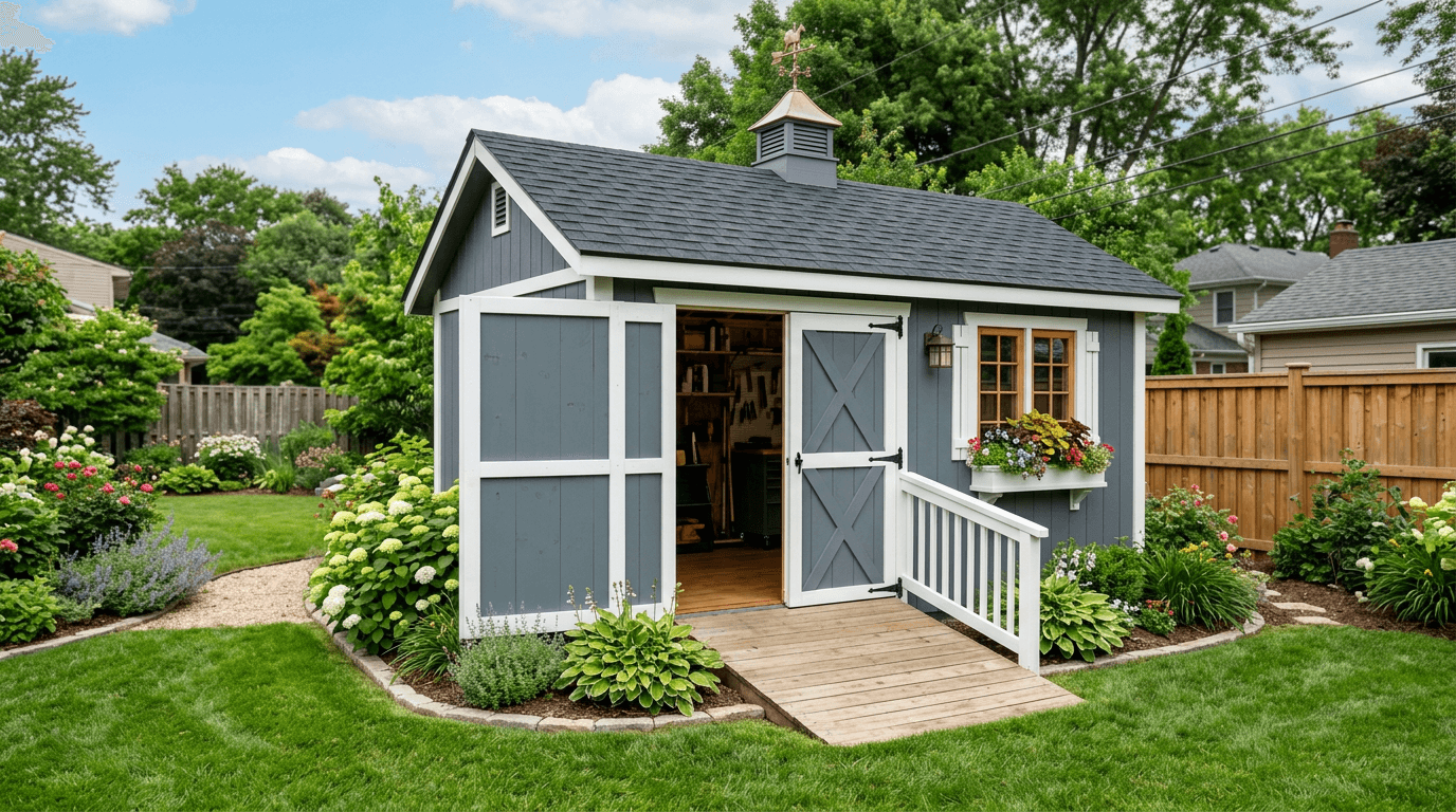 Custom-built storage shed with shelving on a gravel pad in Rockland County