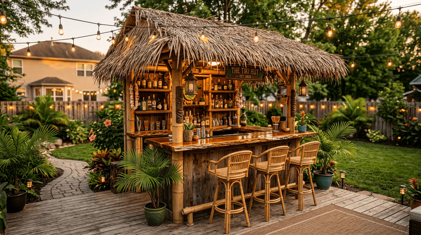 Custom tiki bar with thatched roof and string lights built on a Rockland County patio