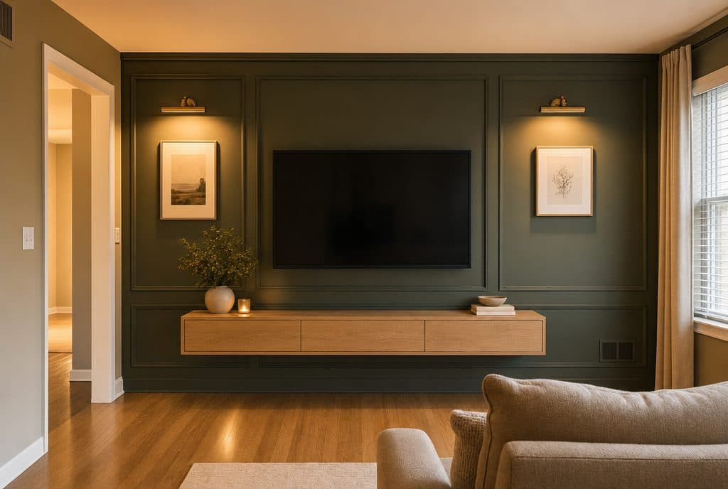 Deep green board-and-batten accent wall with floating oak console