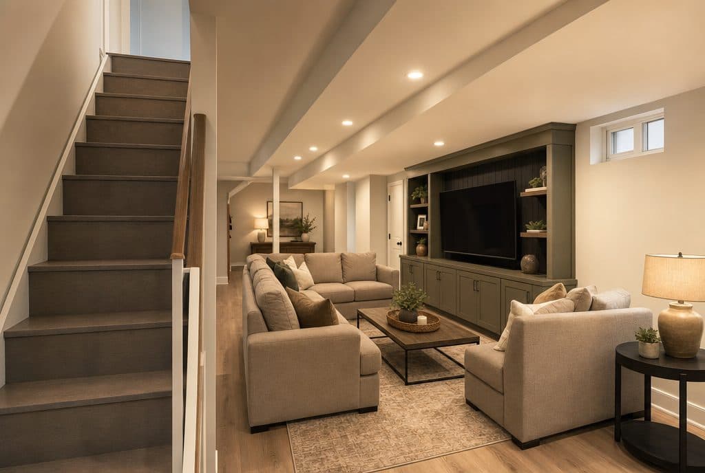 Finished basement family room with built-in media wall and recessed lighting
