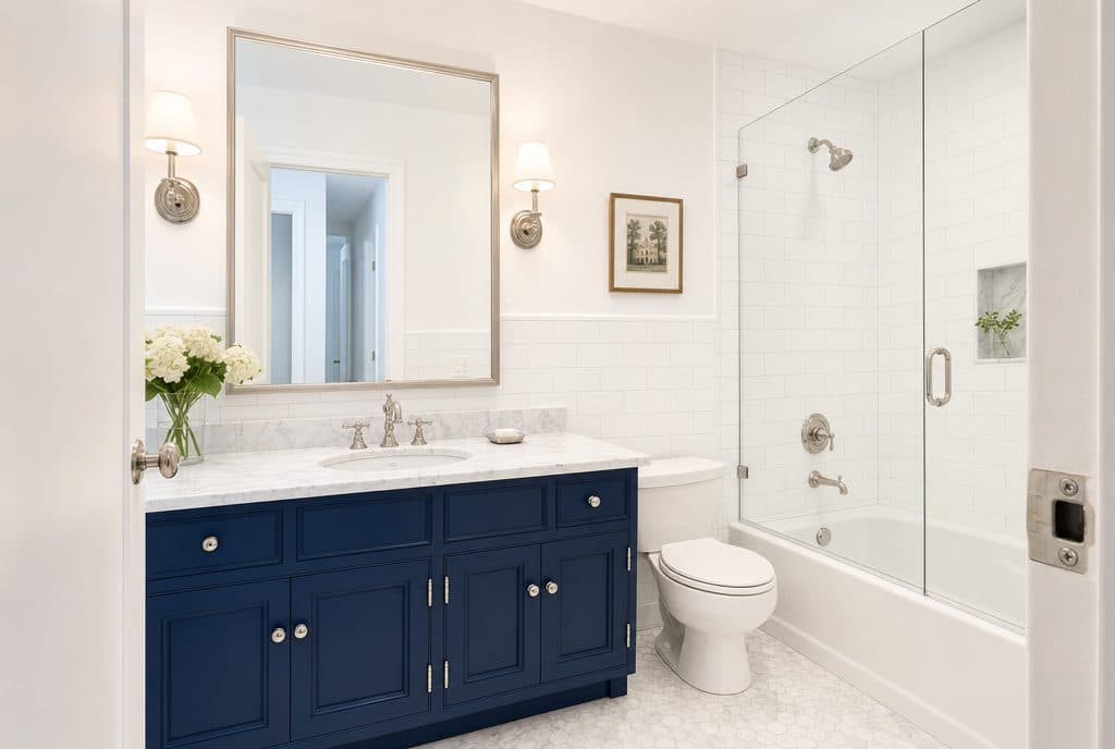 Renovated bathroom with navy vanity, marble top, and frameless glass shower