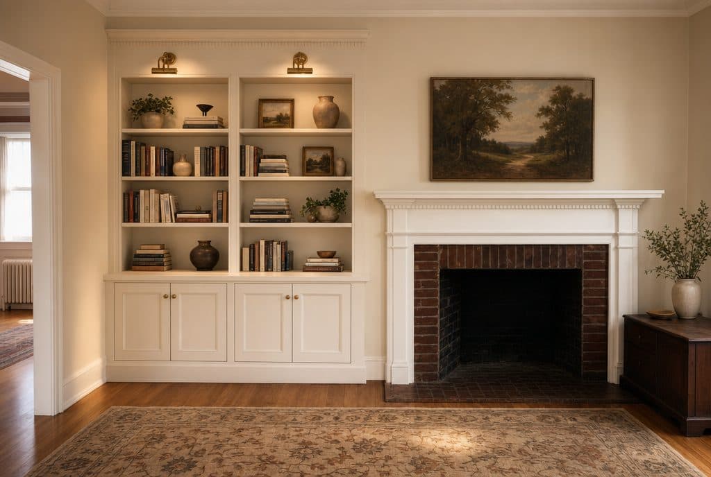 Custom painted built-in bookcases beside a colonial fireplace
