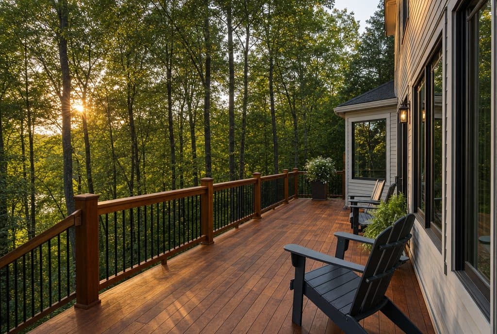 Freshly refinished wood deck with warm cedar stain surrounded by trees