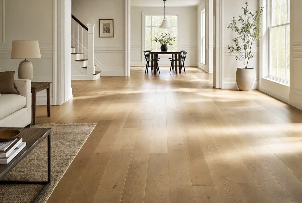 Newly installed wide-plank white oak hardwood flooring
