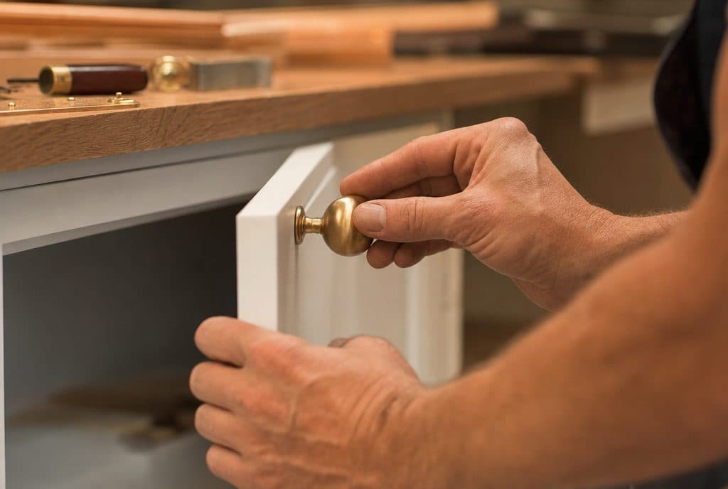 Carpenter installing brass cabinet hardware on a white shaker cabinet door