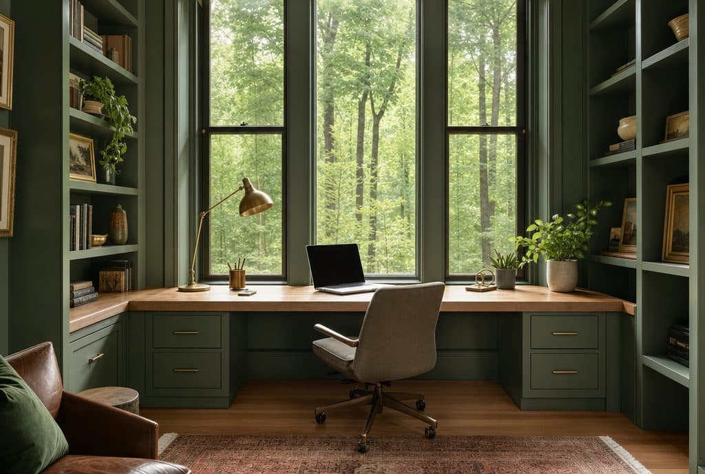 Custom home office with built-in oak desk and green cabinetry