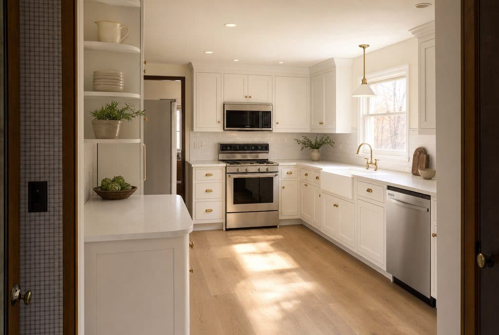 Renovated kitchen with white shaker cabinets, brass hardware, and wide-plank oak flooring